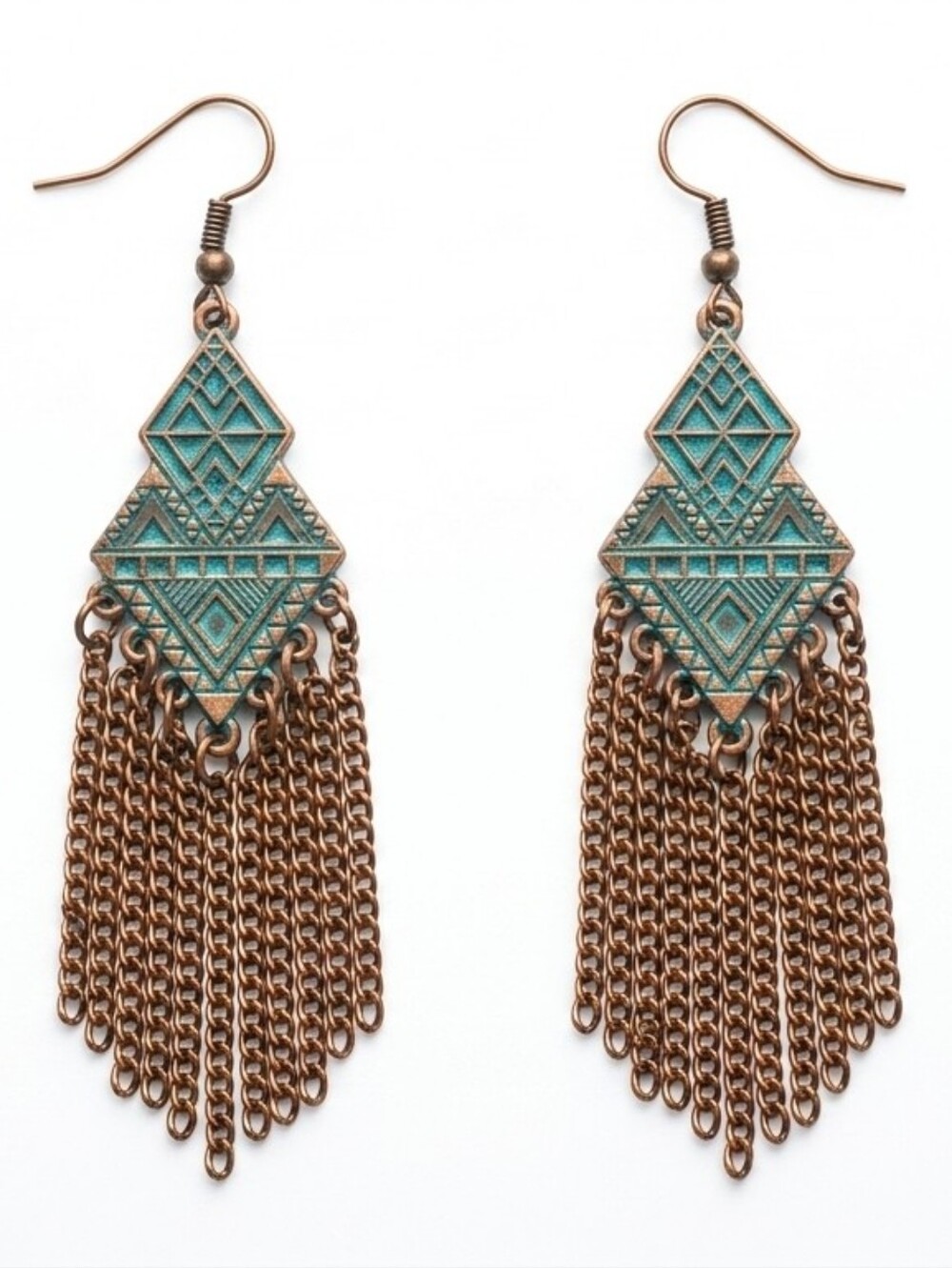 Boho Geometric Turquoise & Bronze Chain Fringe Dangle Earrings Costume Jewelry